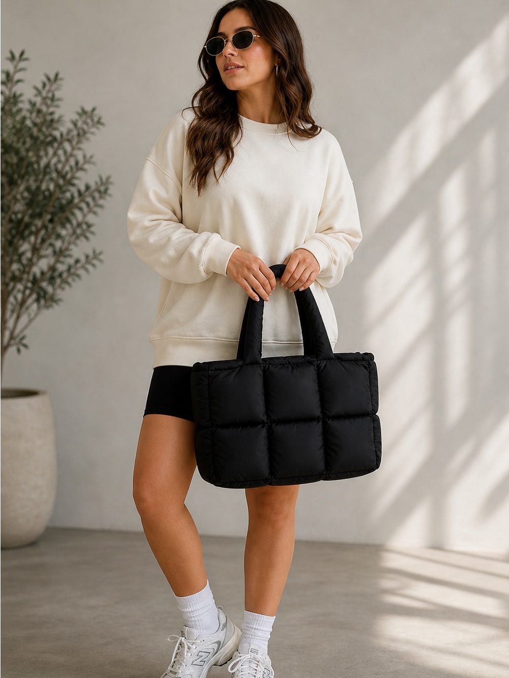Black Puffer Tote Bag Quilted Nylon Puffy Shoulder Bag Minimalist Street Style